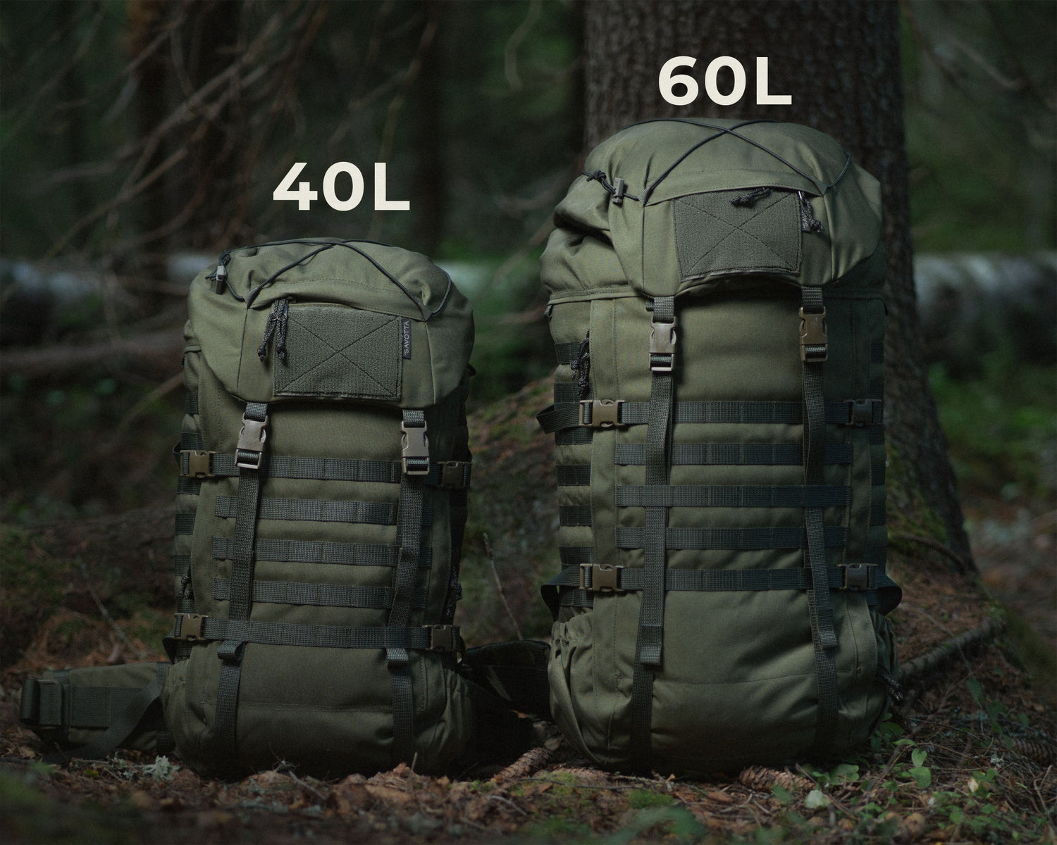 Two green Savotta Kantamus backpacks with different capacities labeled '40L' and '60L' in a forest setting.
