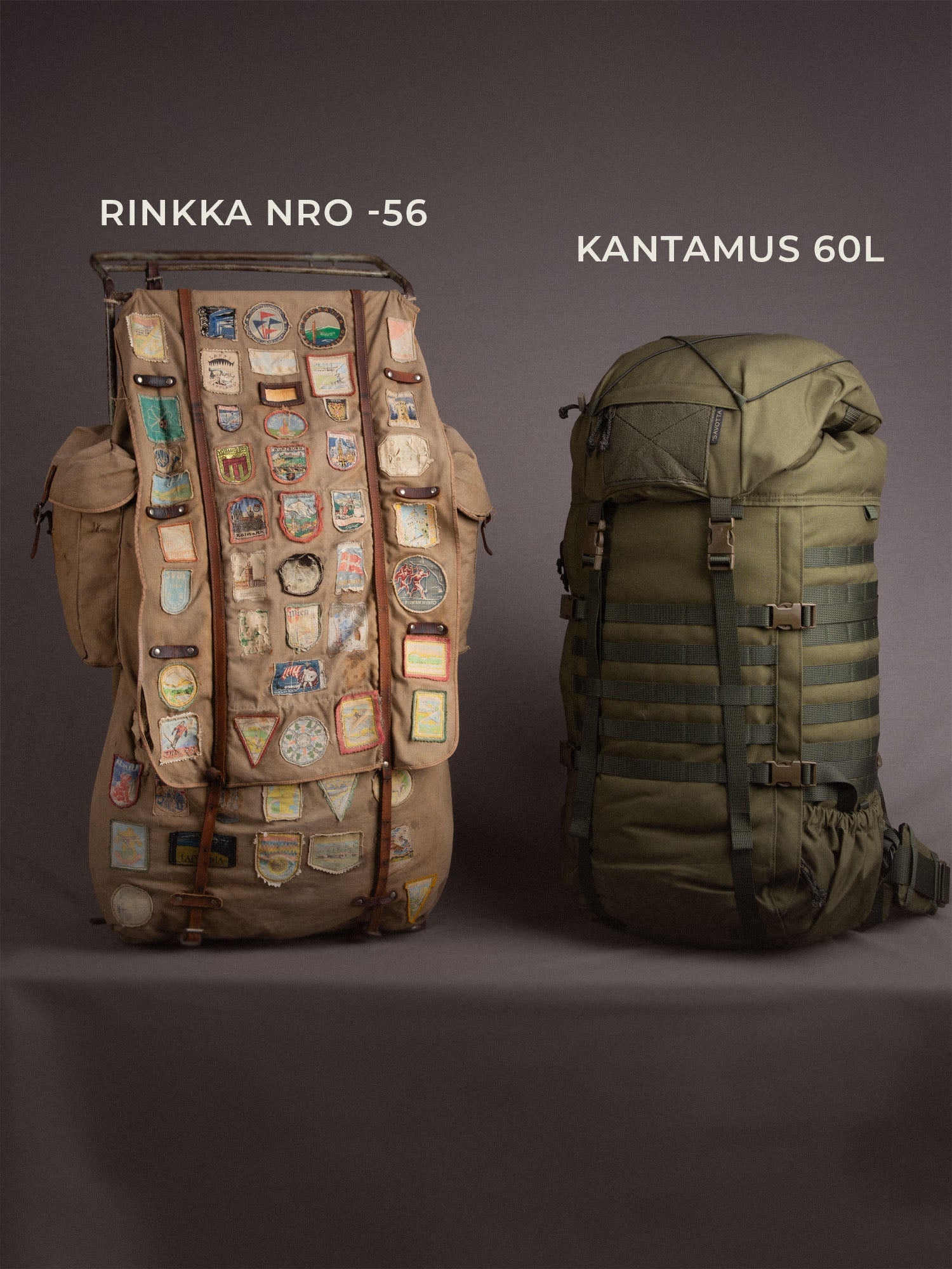 Two Savotta backpacks on a gray background: a worn, patch-covered older model