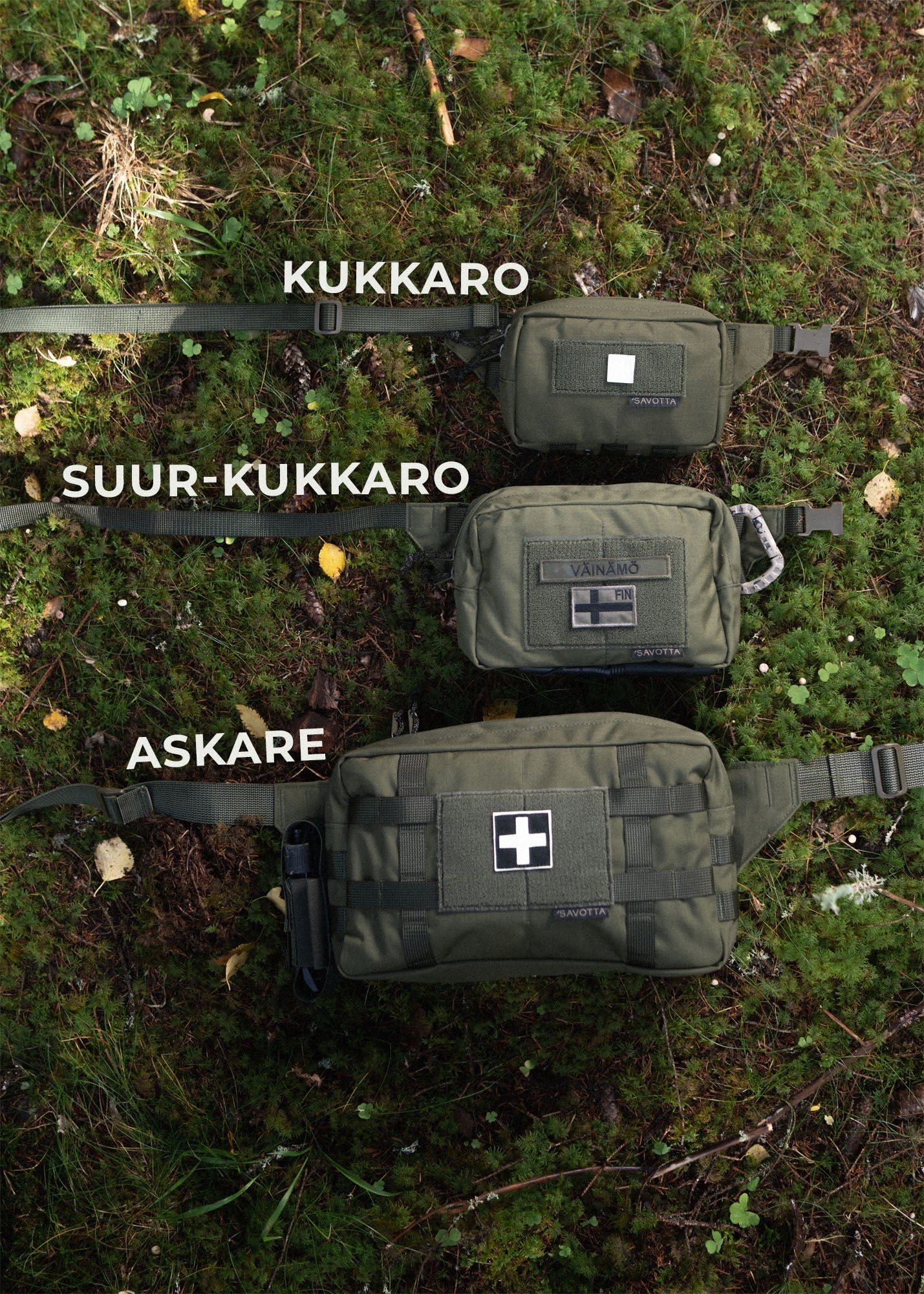 Three green Savotta hip packs labeled 'KUKKARO', 'SUUR-KUKKARO', and 'ASKARE' on a grassy background.
