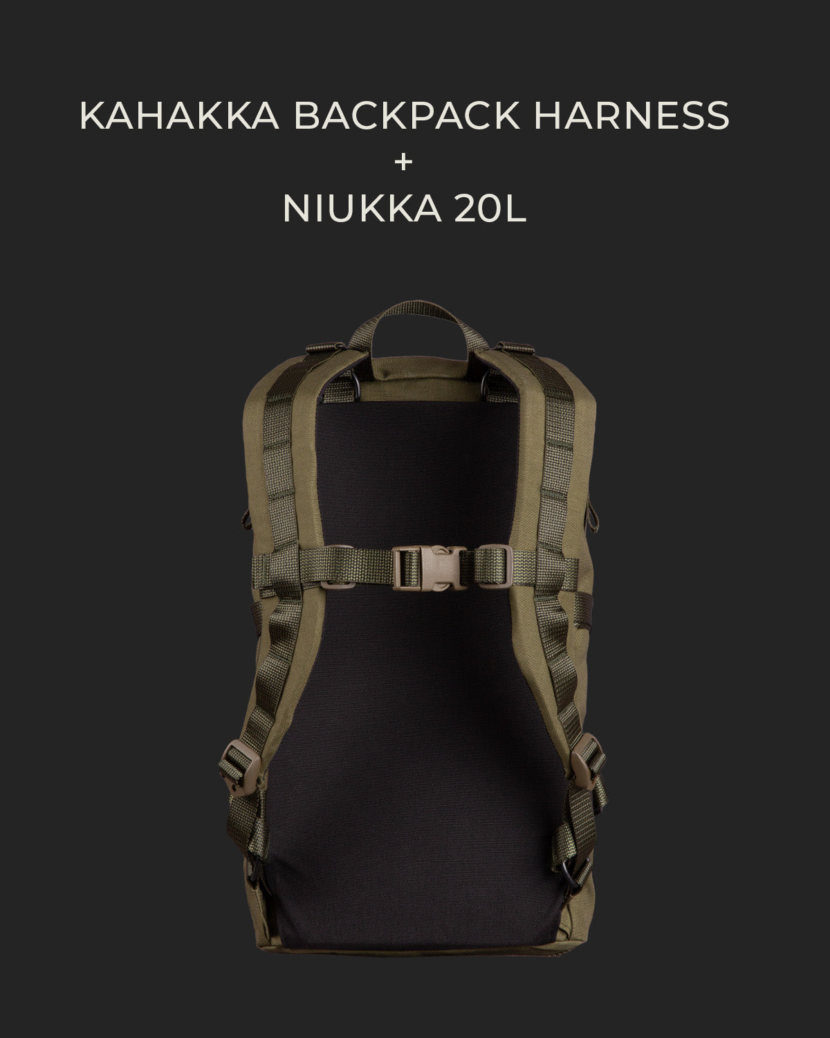 Kahakka backpack harness with Niukka 20L backpack on a black background