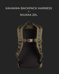Kahakka backpack harness with Niukka 20L backpack on a black background