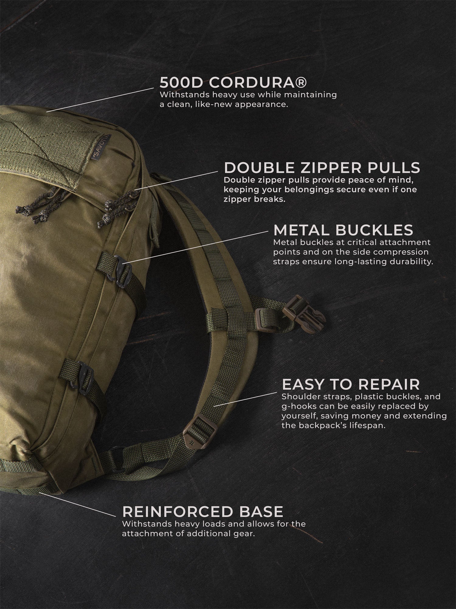 Savotta Niukka 20L backpack on a dark wooden surface and explanations about  the endurance of the backpack