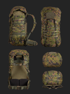 Savotta Kantamus 60L backpack shown from multiple angles on a black background