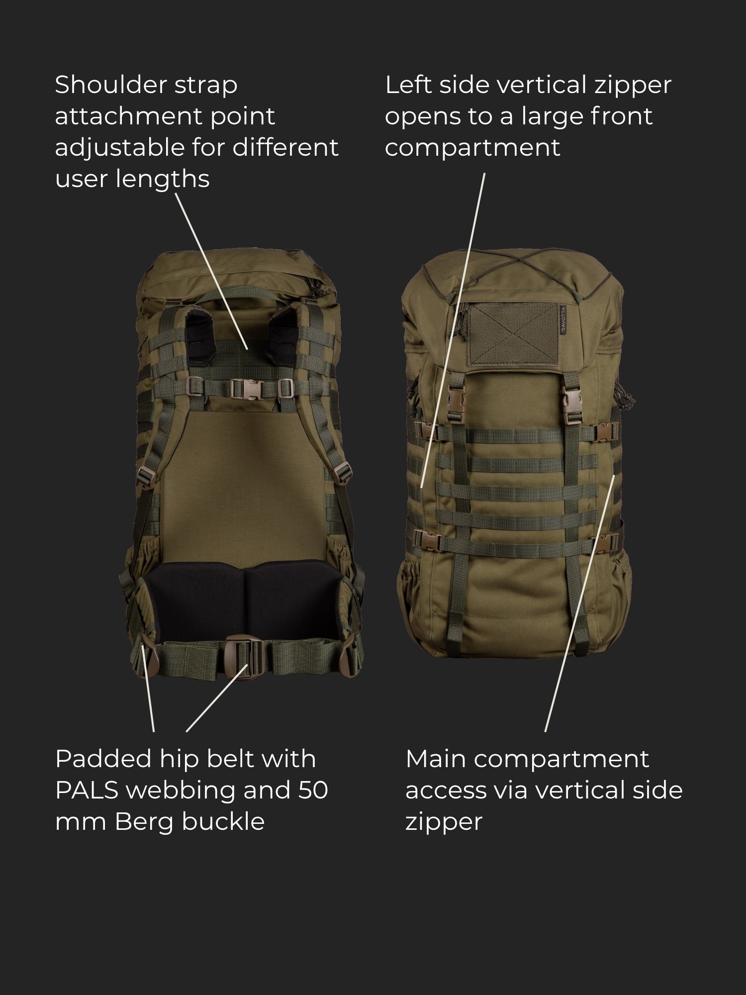 Savotta Kantamus 60L backpack with features highlighted on a black background