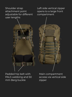 Savotta Kantamus 60L backpack with features highlighted on a black background