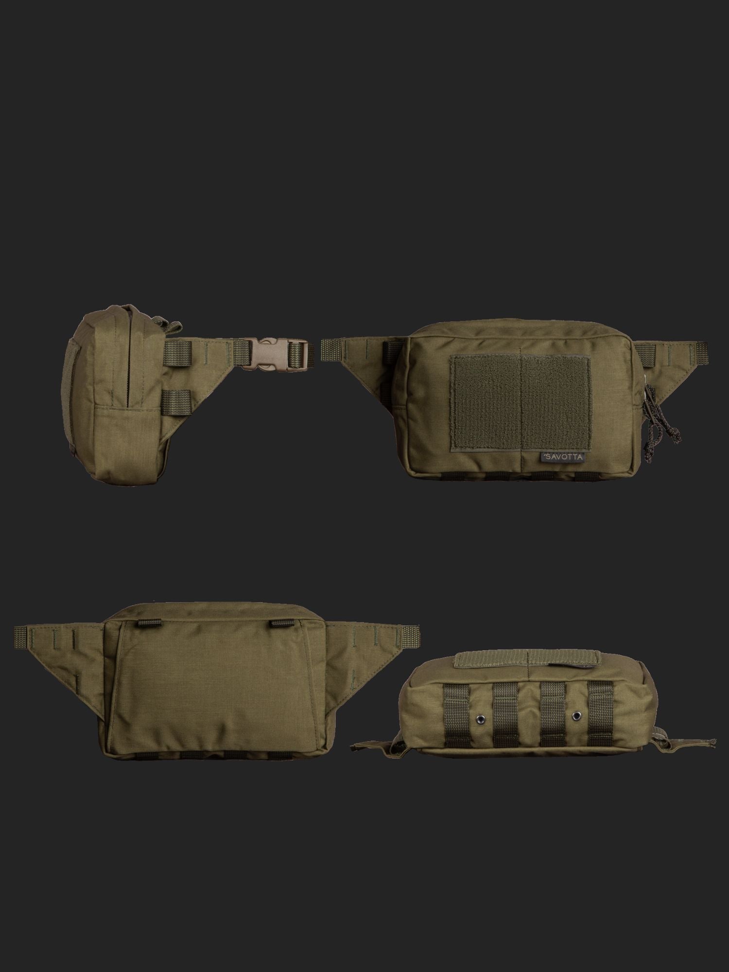 Savotta Suur-kukkaro hip pack shown from multiple angles on a black background