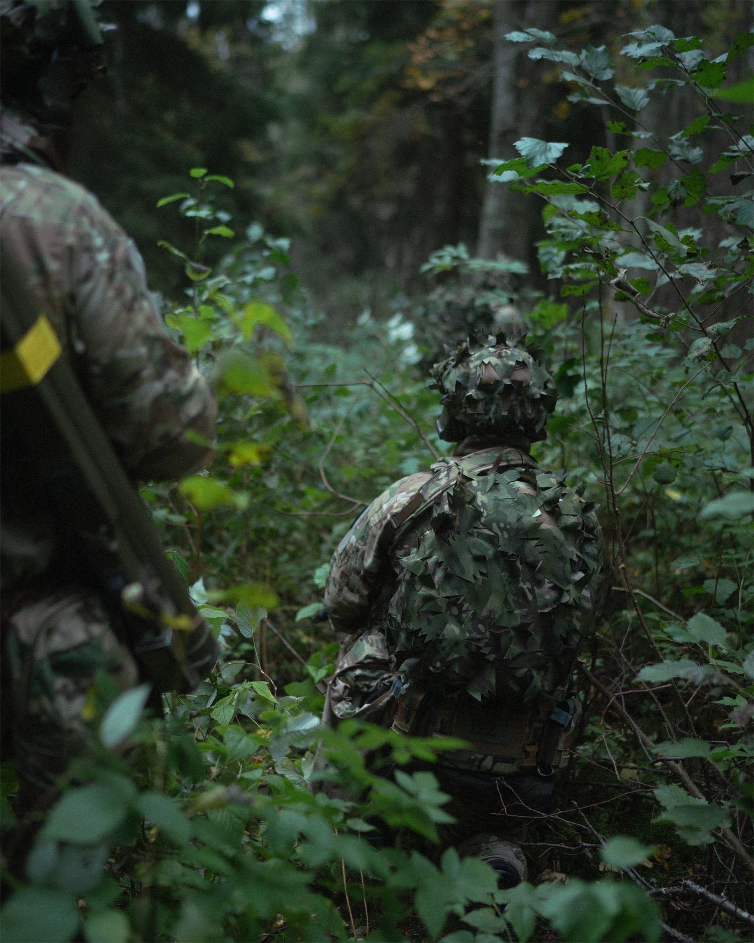 Two soldiers in camouflage gear navigating through a forest. Another one has a Savotta backpack camo scrim over their backpack