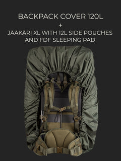 Savotta Jääkäri XL backpack with two 12L side pouches and a FDF sleeping bag attached, all covered with a Savotta backpack cover 120L on a dark background.
