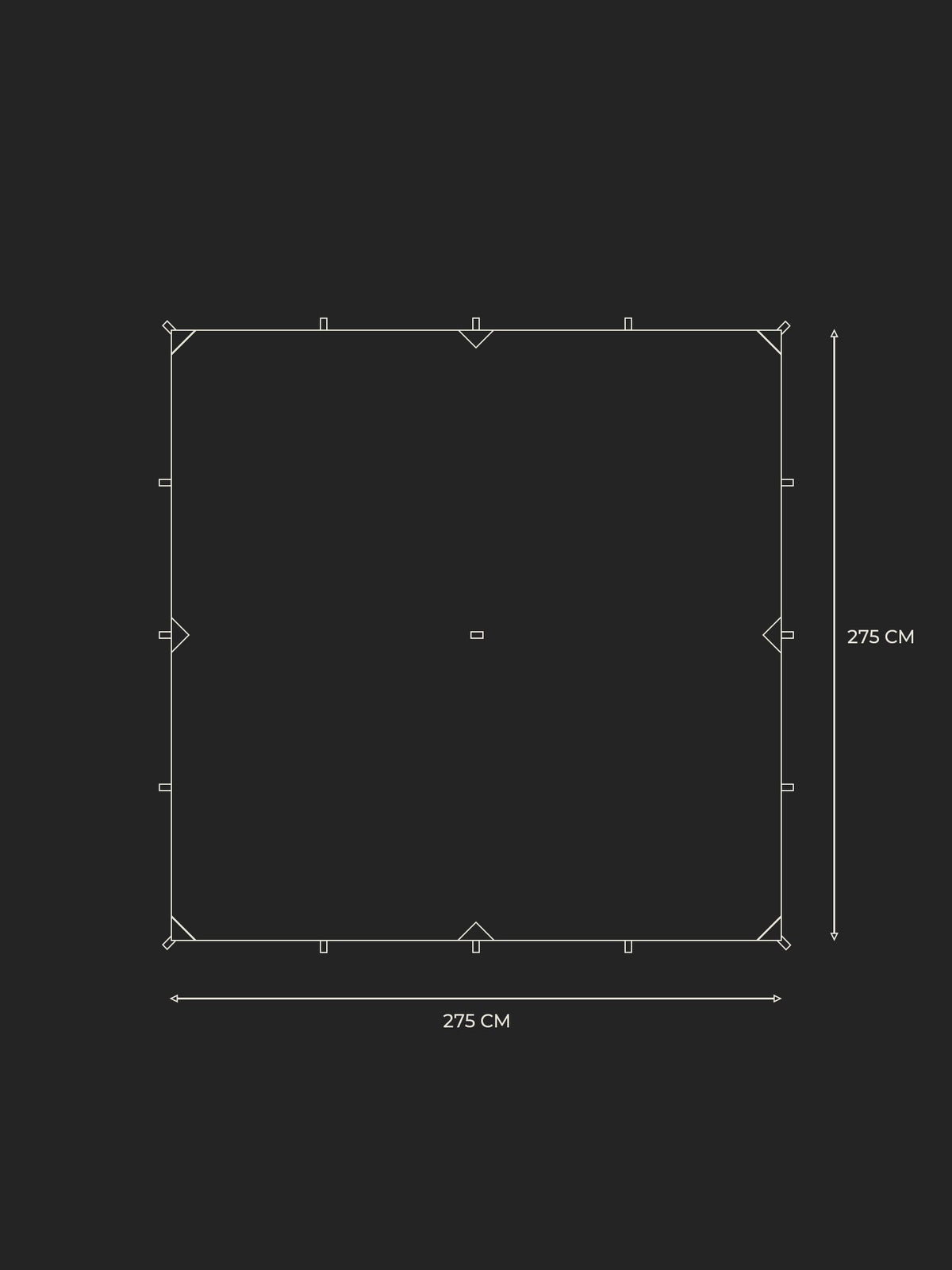 Technical image of Savotta Laavu tarp's measurements on a black background
