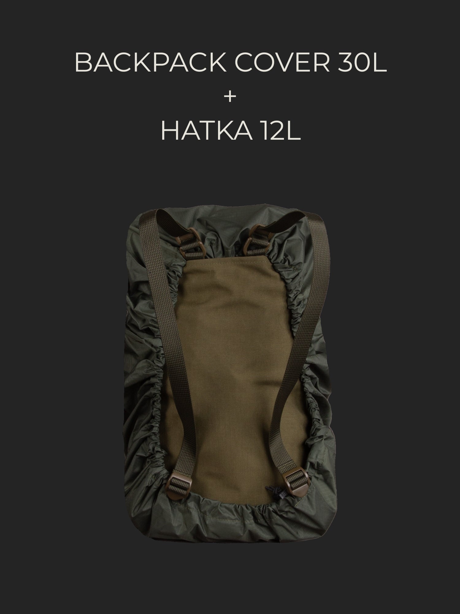 Savotta Hatka 12L backpack covered with a Savotta backpack cover 30L on a dark background.