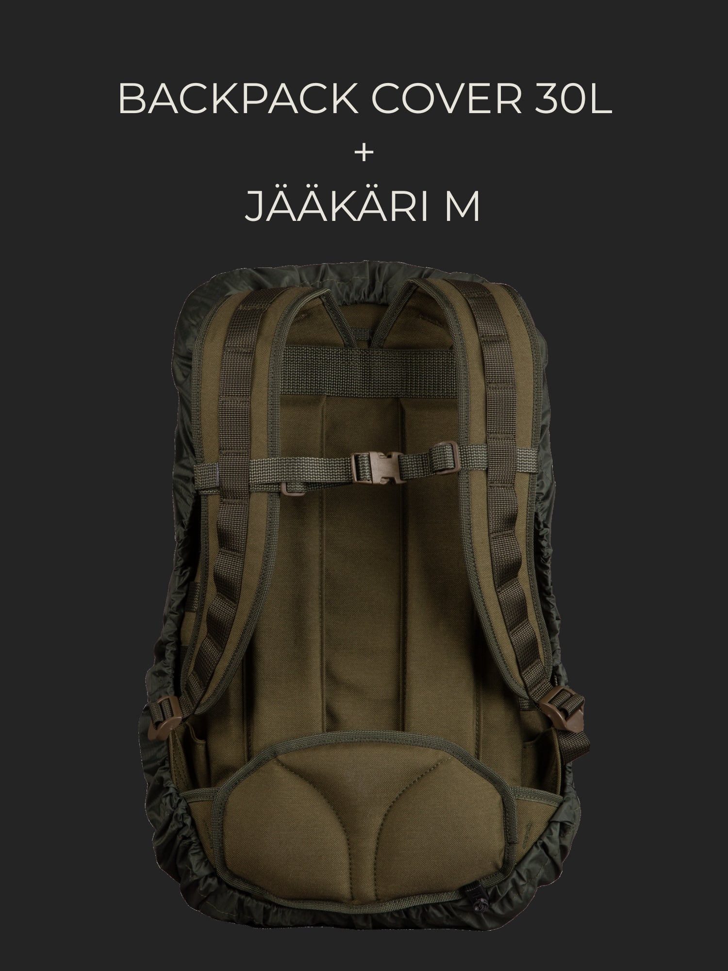 Savotta Jääkäri M backpack covered with a Savotta backpack cover 30L on a dark background.
