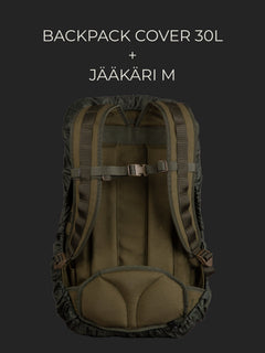 Savotta Jääkäri M backpack covered with a Savotta backpack cover 30L on a dark background.
