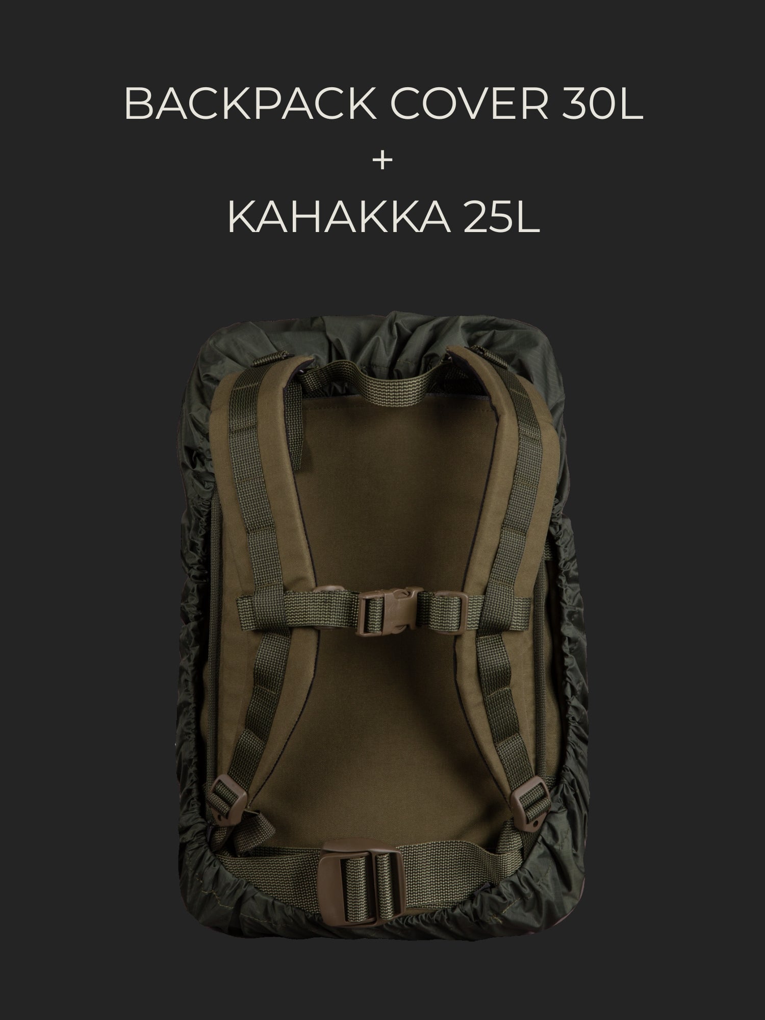 Savotta Kahakka 25L backpack covered with a Savotta backpack cover 30L on a dark background.