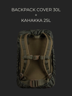 Savotta Kahakka 25L backpack covered with a Savotta backpack cover 30L on a dark background.