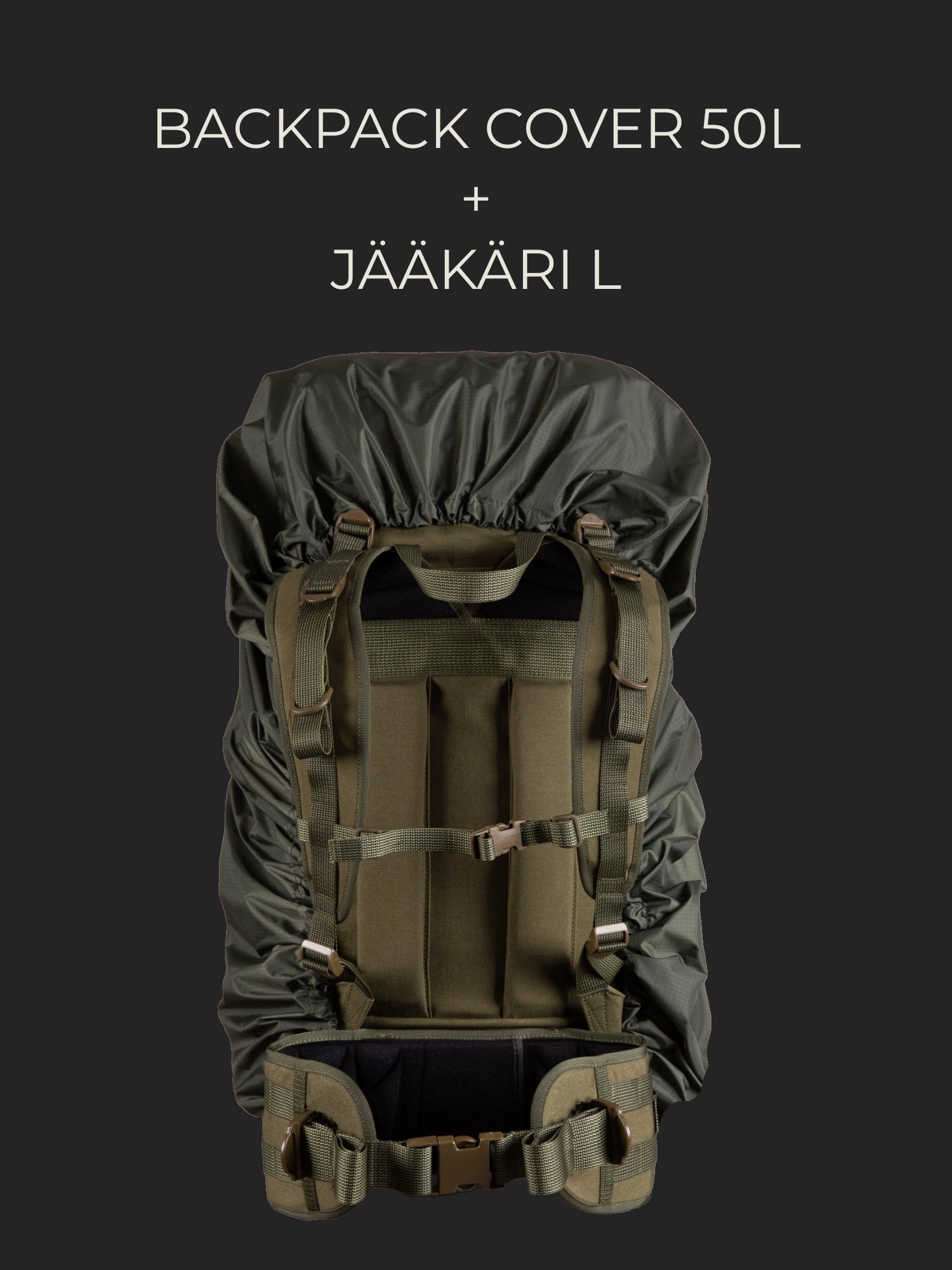 Savotta Jääkäri L backpack covered with a Savotta backpack cover 50L on a dark background.