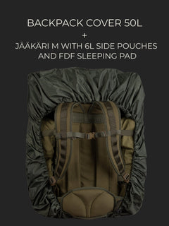 Savotta Jääkäri M backpack with two 6L side pouches and a FDF sleeping bag attached, all covered with a Savotta backpack cover 50L on a dark background.