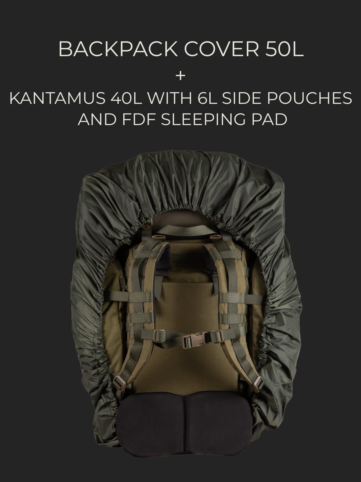 Savotta Kantamus 40L backpack with two 6L side pouches and a FDF sleeping bag attached, all covered with a Savotta backpack cover 50L on a dark background.