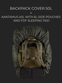 Savotta Kantamus 40L backpack with two 6L side pouches and a FDF sleeping bag attached, all covered with a Savotta backpack cover 50L on a dark background.
