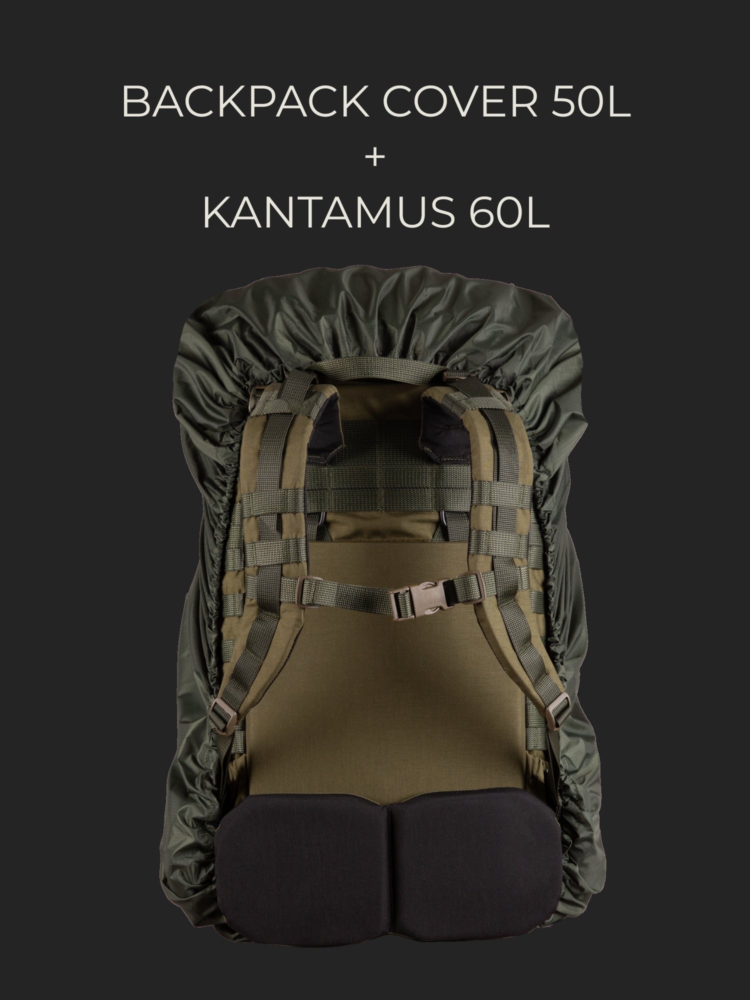 Savotta Kantamus 60L backpack covered with a Savotta backpack cover 50L on a dark background.