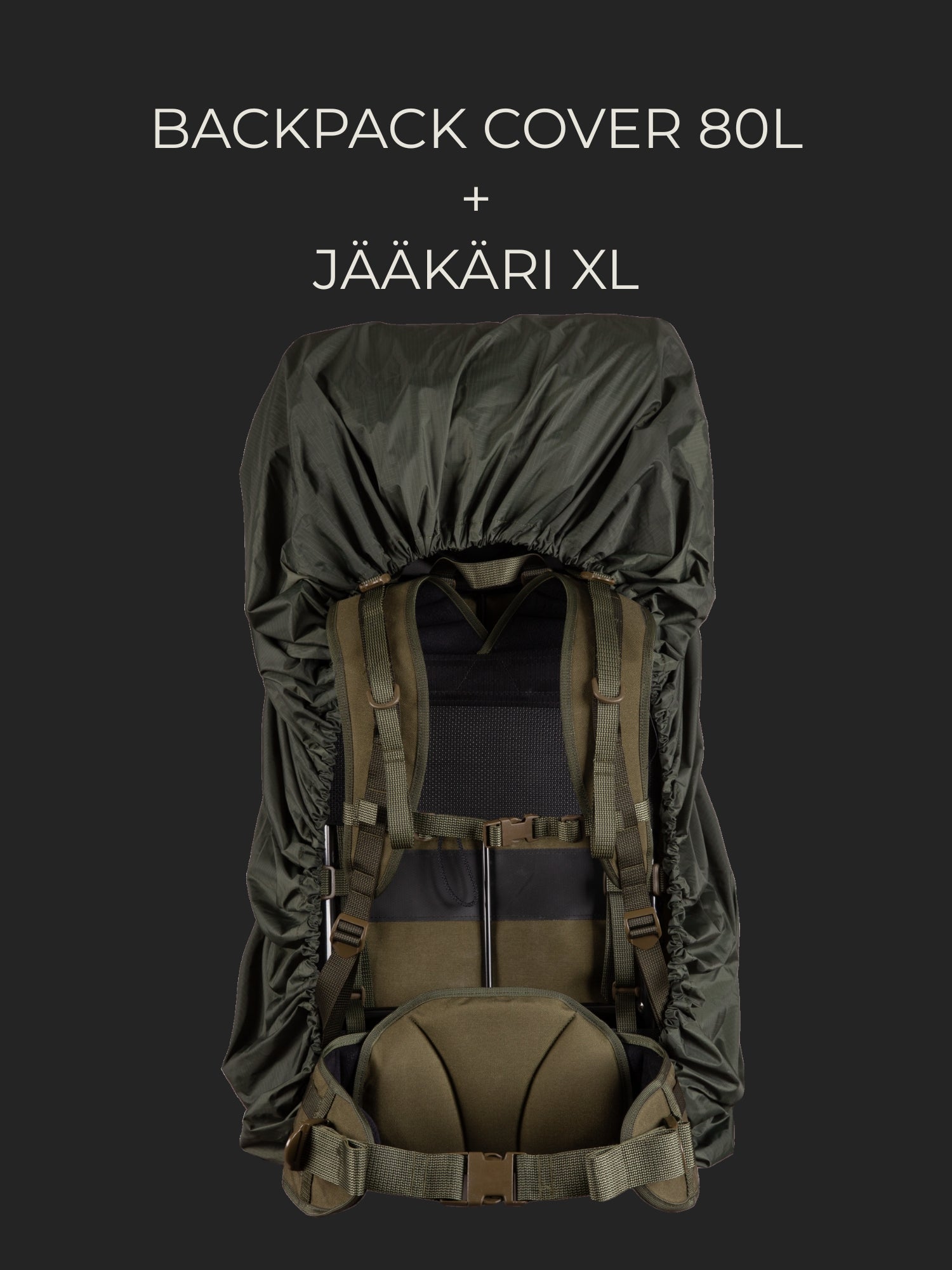Savotta Jääkäri XL backpack covered with a Savotta backpack cover 80L on a dark background.