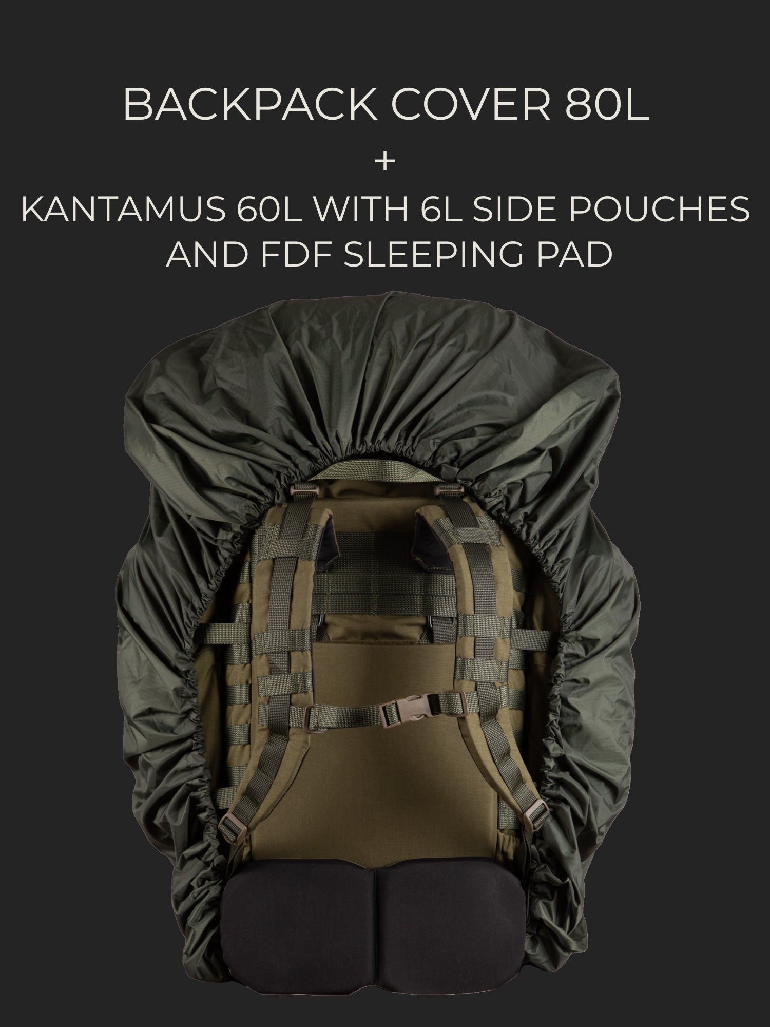 Savotta Kantamus 60L backpack with two 6L side pouches and a FDF sleeping bag attached, all covered with a Savotta backpack cover 80L on a dark background.