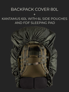 Savotta Kantamus 60L backpack with two 6L side pouches and a FDF sleeping bag attached, all covered with a Savotta backpack cover 80L on a dark background.